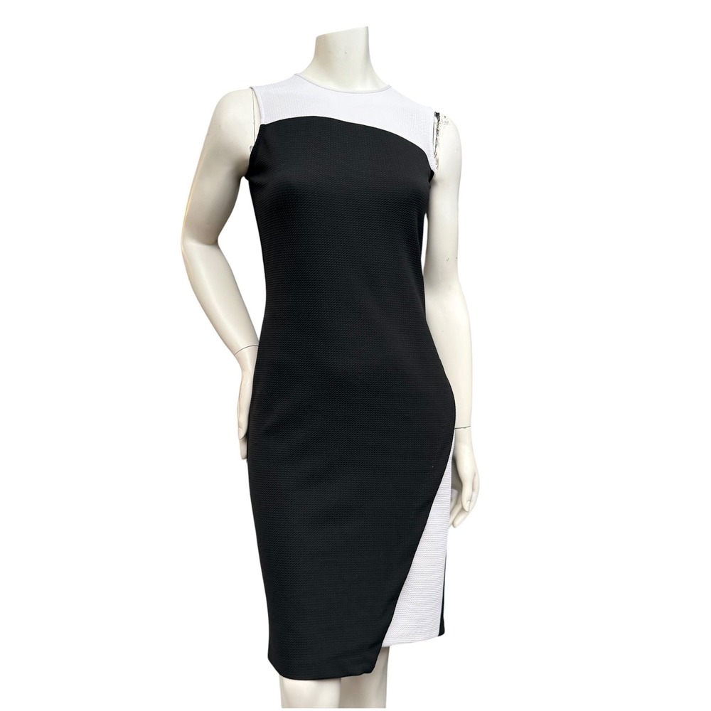 DKNY Sheath Dress Colorblock Black White Asymmetrical Office Siren Career Size 0